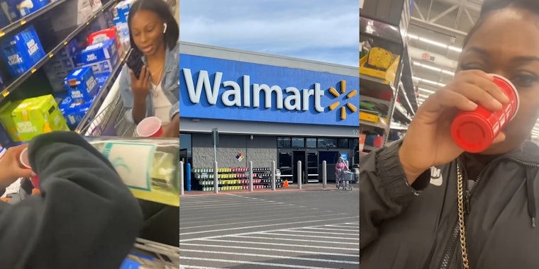 Walmart customers pouring wine into cups (l) Walmart sign on building (c) Walmart customer drinking (r)
