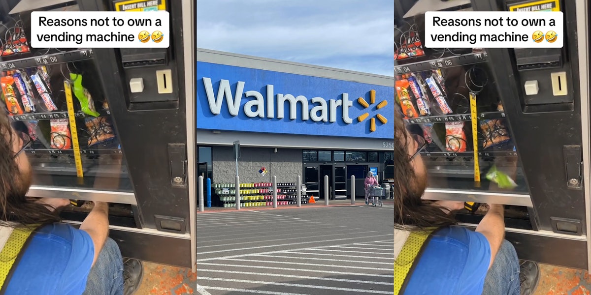 Walmart worker using measuring tape to knock down skittles with caption 'Reasons not to own a vending machine' (l) Walmart building with sign (c) Walmart worker using measuring tape to knock down skittles with caption 'Reasons not to own a vending machine' (r)