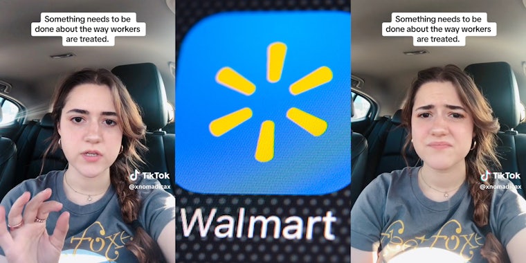 young woman in car with caption 'something needs to be done about the way workers are treated' (l&r) walmart logo (c)
