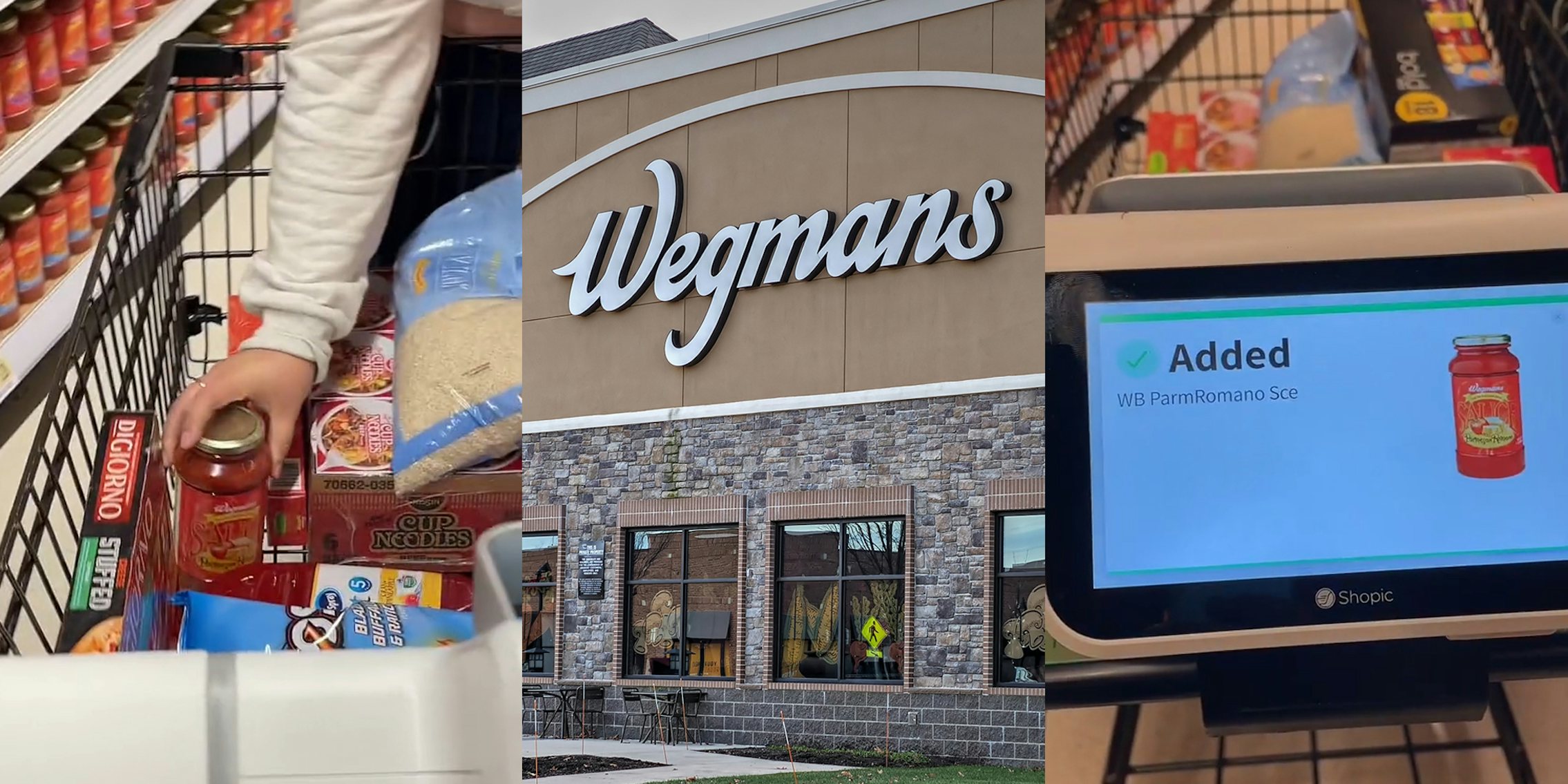 Wegmans customer placing sauce in cart (l) Wegmans building with sign (c) Wegmans smart cart screen displaying sauce added (r)