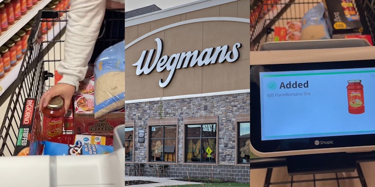 Wegmans customer placing sauce in cart (l) Wegmans building with sign (c) Wegmans smart cart screen displaying sauce added (r)
