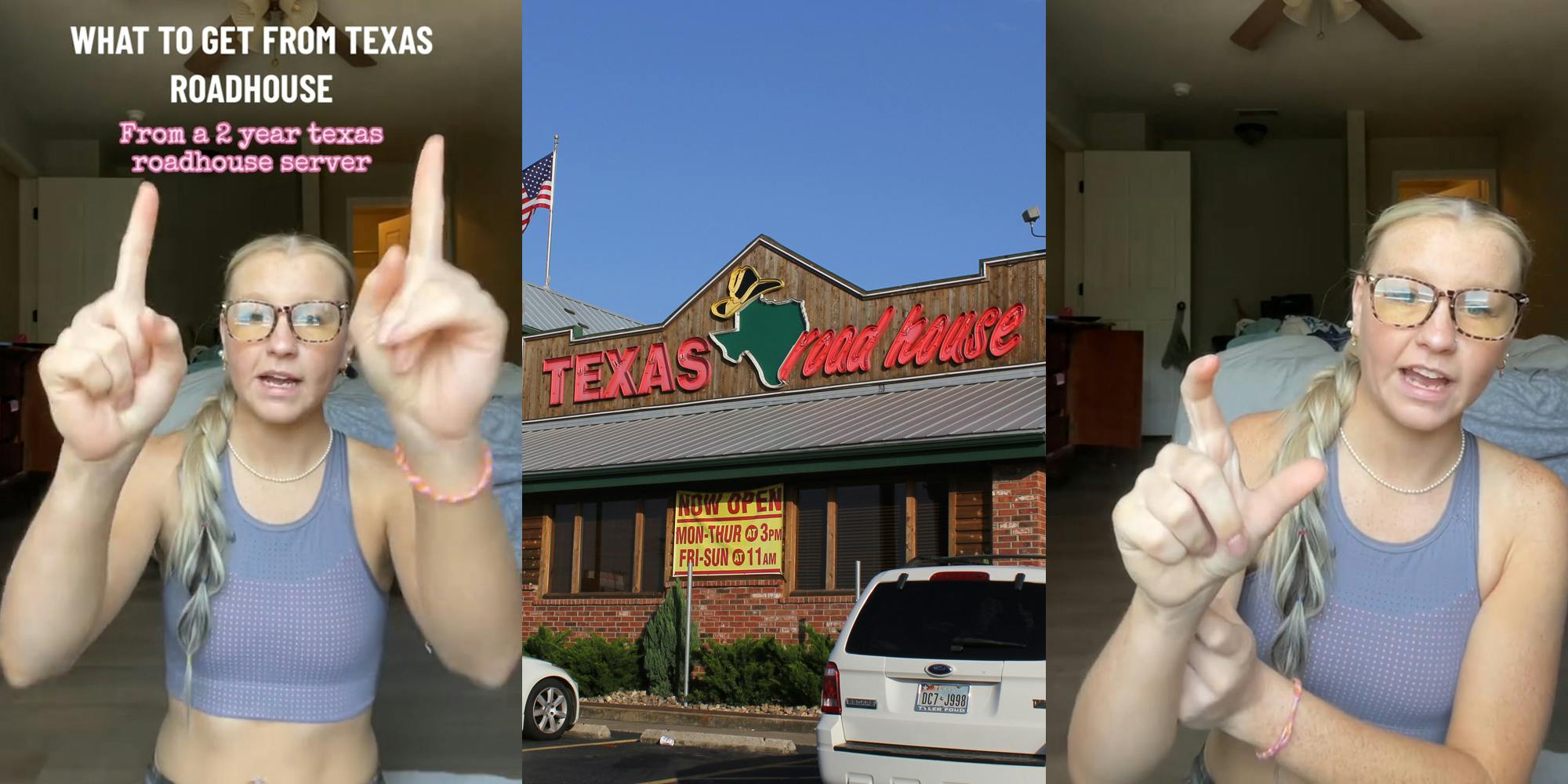 Texas Roadhouse server speaking with caption "WHAT TO GET FROM TEXAS ROADHOUSE From a 2 year texas roadhouse server" (l) Texas Roadhouse building with sign (c) Texas Roadhouse server speaking (r)