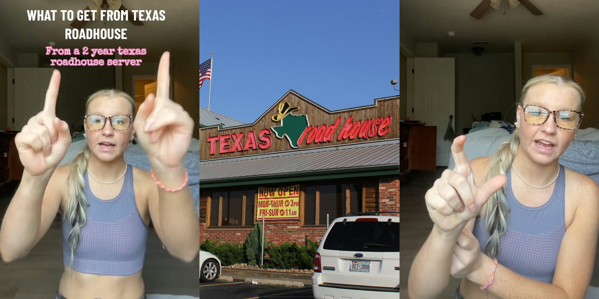 Texas Roadhouse server speaking with caption 'WHAT TO GET FROM TEXAS ROADHOUSE From a 2 year texas roadhouse server' (l) Texas Roadhouse building with sign (c) Texas Roadhouse server speaking (r)