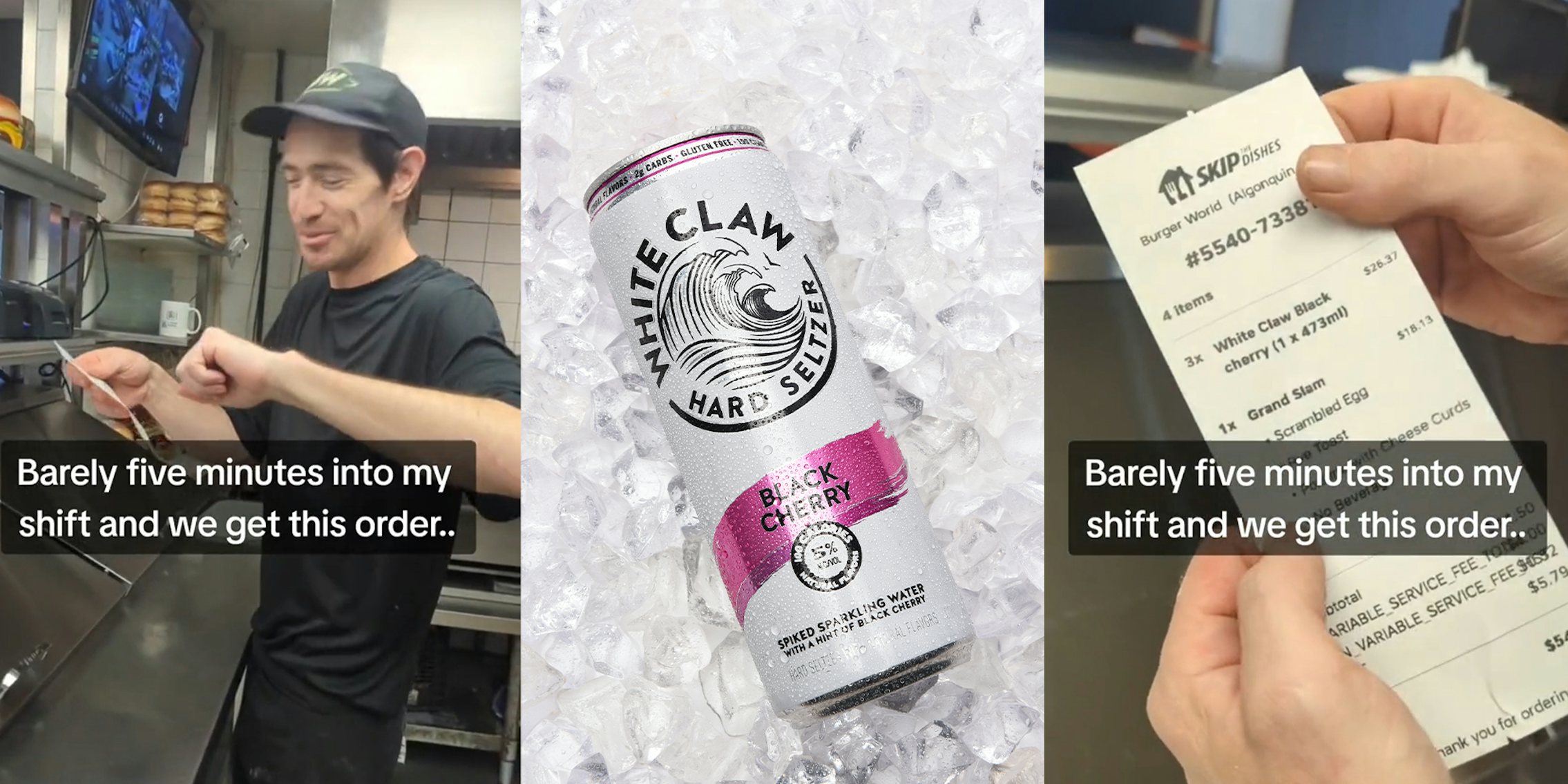 Server checking order; White Claw Can Drink on Ice; Hands holding Receipt