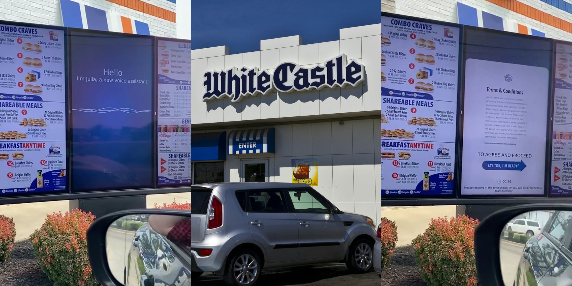 White Castle drive thru menu with voice assistant on screen (l) White Castle building with sign (c) White Castle drive thru menu with Terms & Conditions on screen (r)