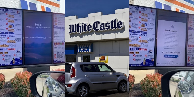 White Castle drive thru menu with voice assistant on screen (l) White Castle building with sign (c) White Castle drive thru menu with Terms & Conditions on screen (r)
