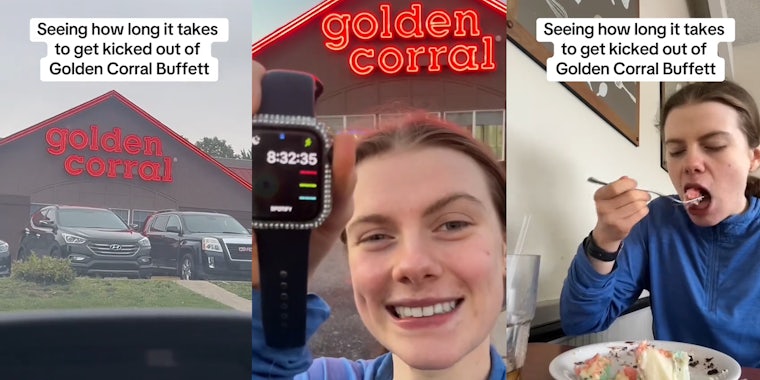 Golden Corral building with caption 'Seeing how long it takes to get kicked out of Golden Corral Buffet' (l) Golden Corral customer outside building (c) Golden Corral customer with caption 'Seeing how long it takes to get kicked out of Golden Corral Buffet' (r)