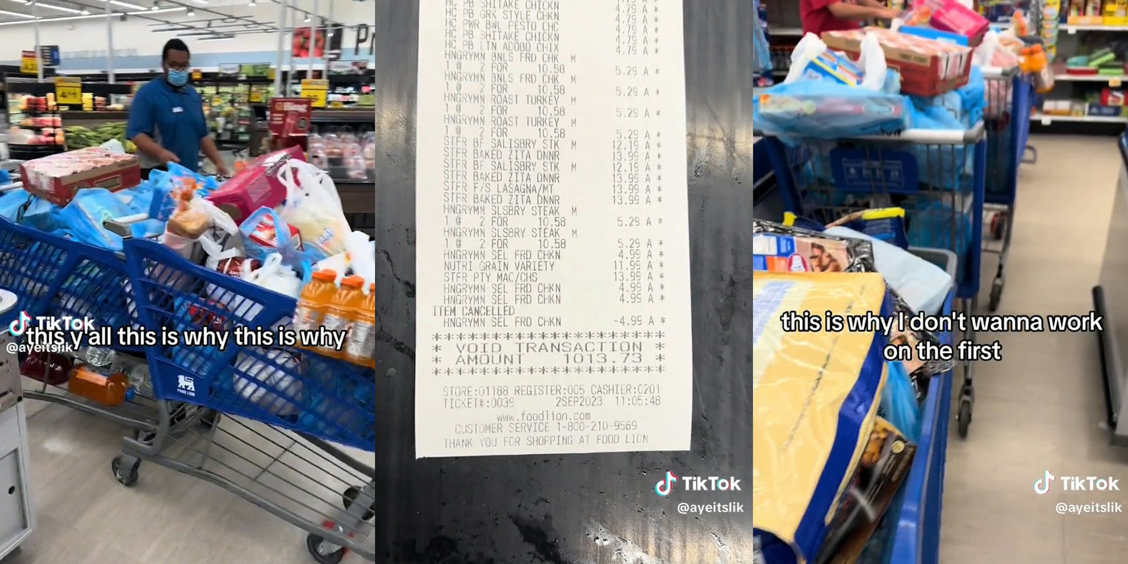 carts full of food in checkout line (l&r) $1013.73 voided transaction receipt (c)