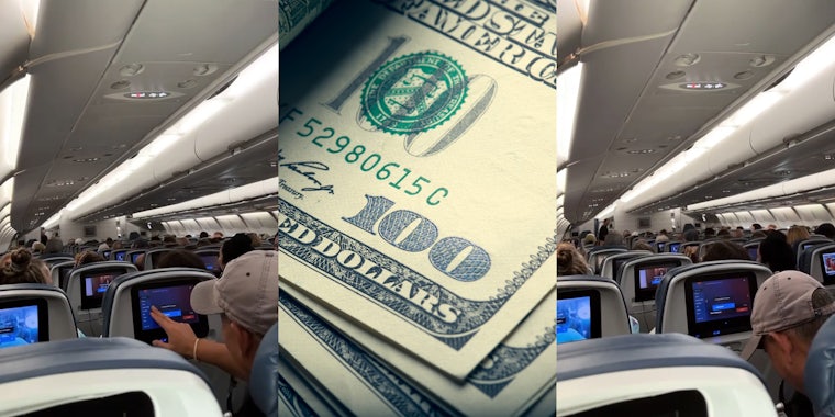 passengers in plane (l) 100 dollar bills c) passengers in plane (r)