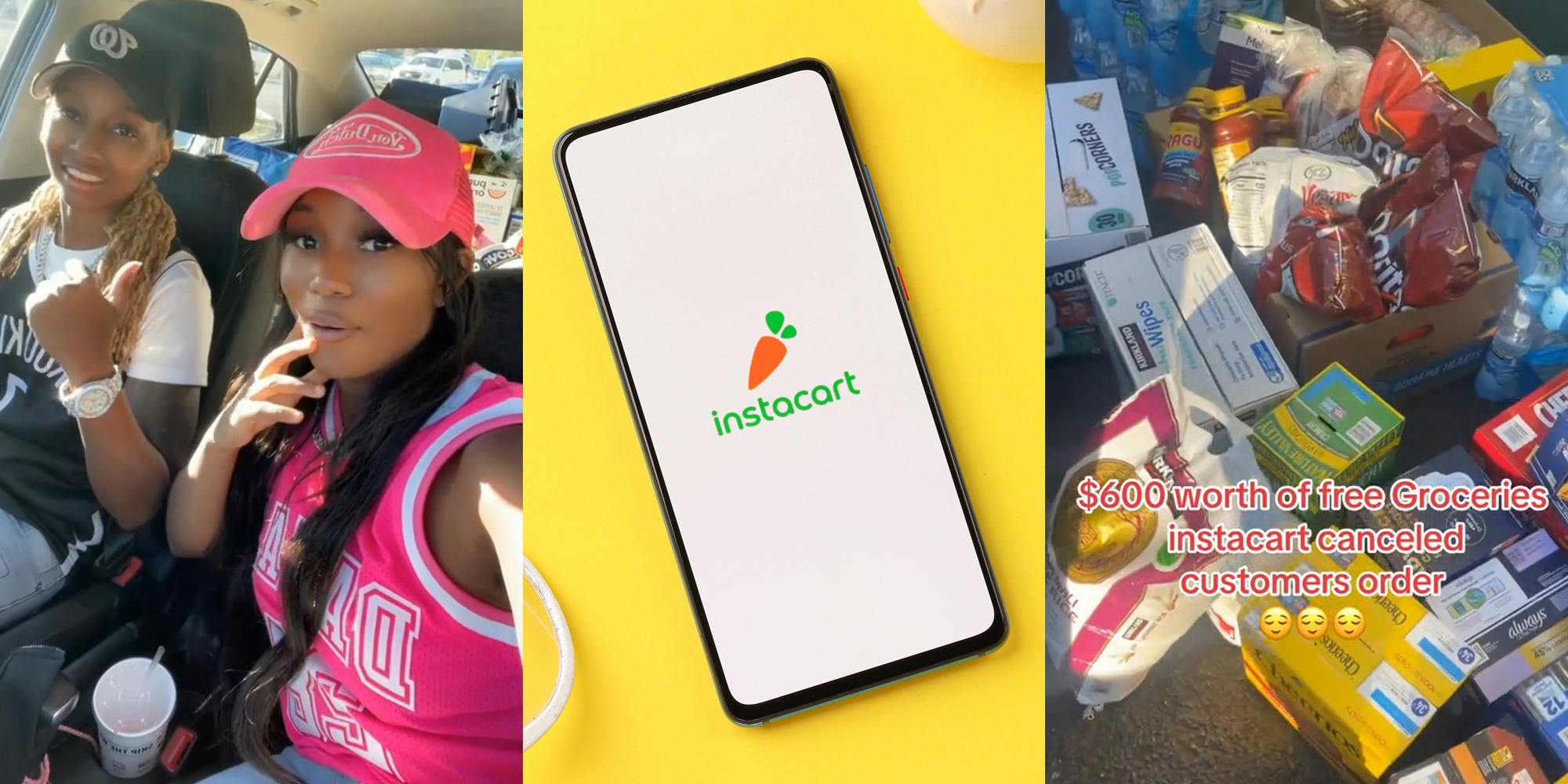 Instacart shoppers speaking in the car (l) Instacart app open on phone in front of yellow background (c) groceries outside with caption "$600 worth of free groceries instacart canceled customers order"
