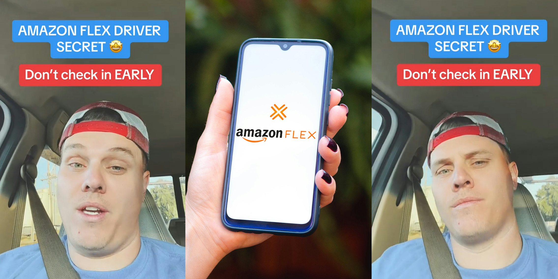 Man inside his car shares amazon flex check in hack; Woman Holding up phone with amazon flex logo on screen