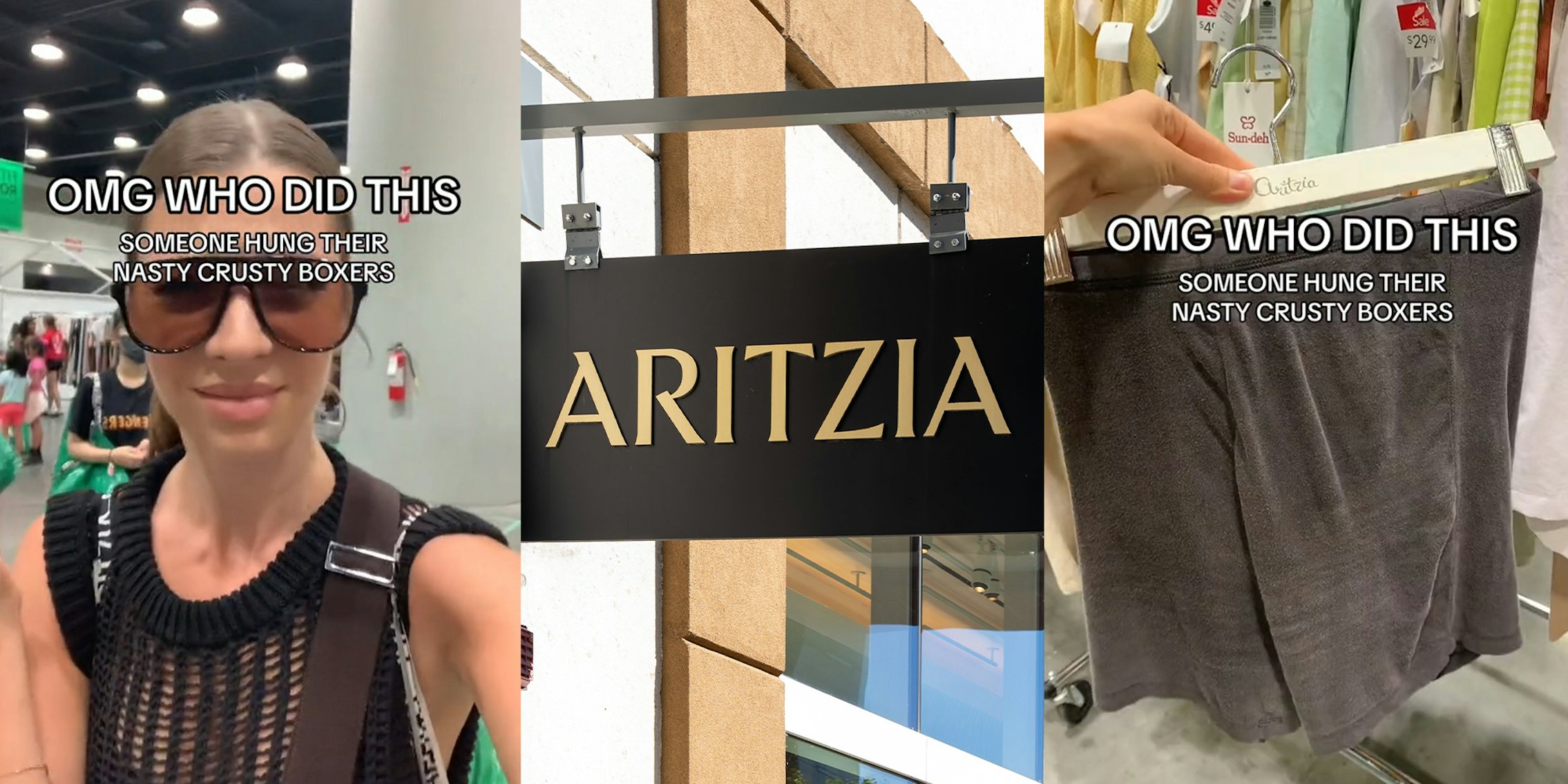 Customer finds used boxers hanging on the rack at the Aritzia warehouse sale