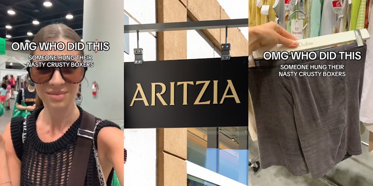 Customer finds used boxers hanging on the rack at the Aritzia warehouse sale
