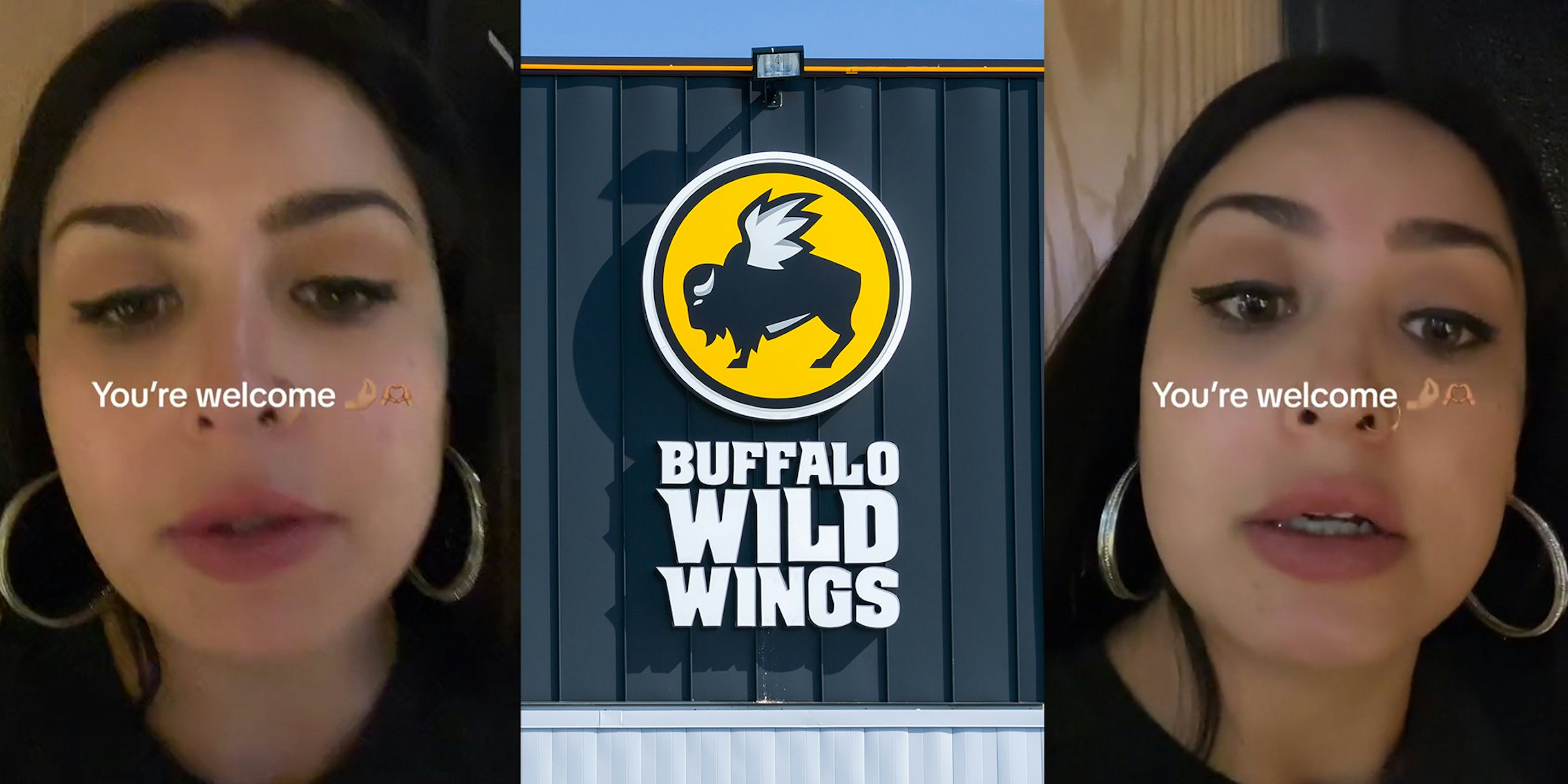 Woman sharing buffalo wild wings hack; Buffalo wild wings restaurant store front