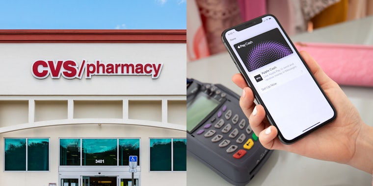 CVS Pharmacy store front, Woman holding iPhone with apply pay