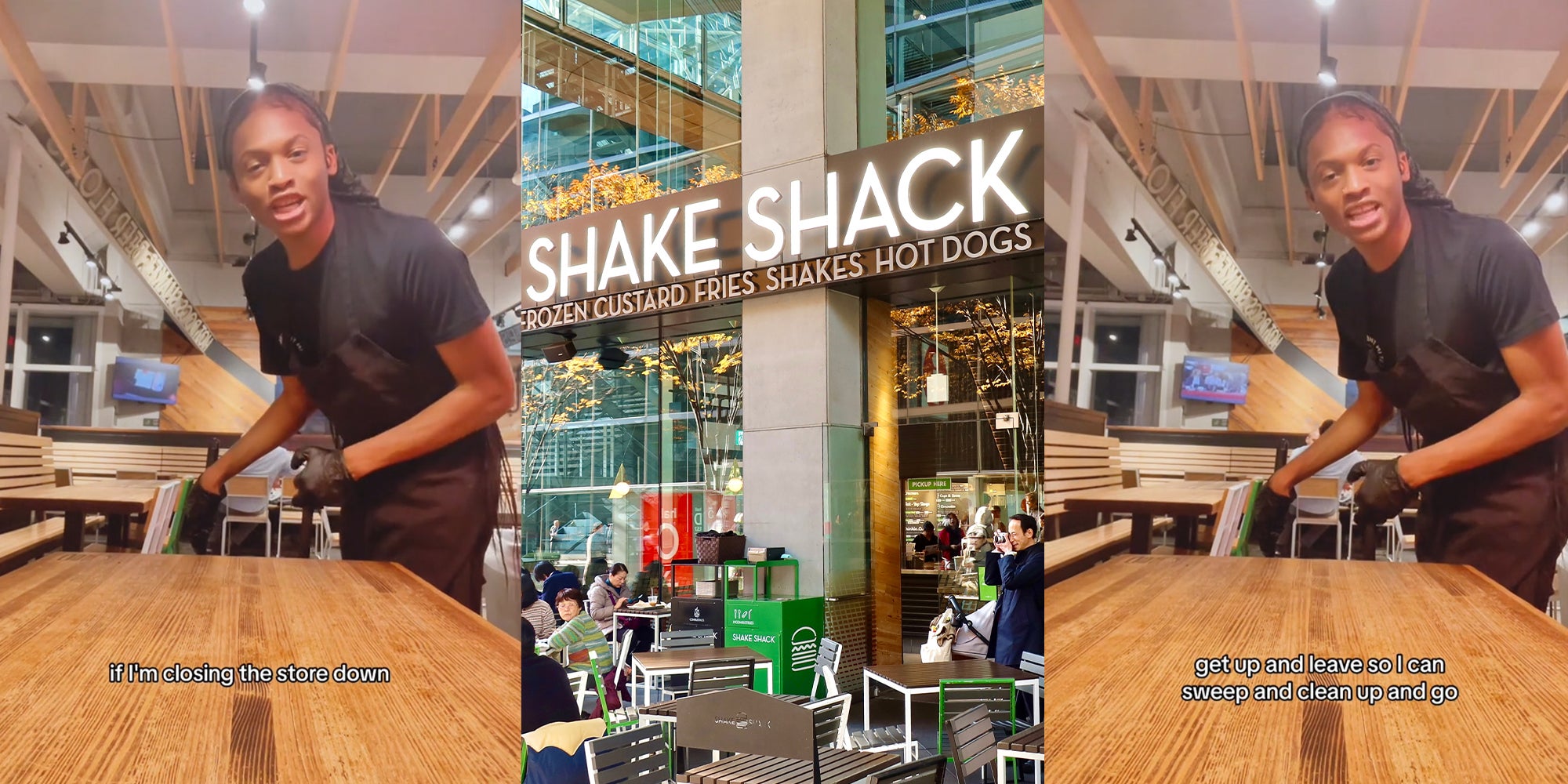 Shake Shack worker talks trash about customers who sit down to eat after they've closed. The customers are right behind him