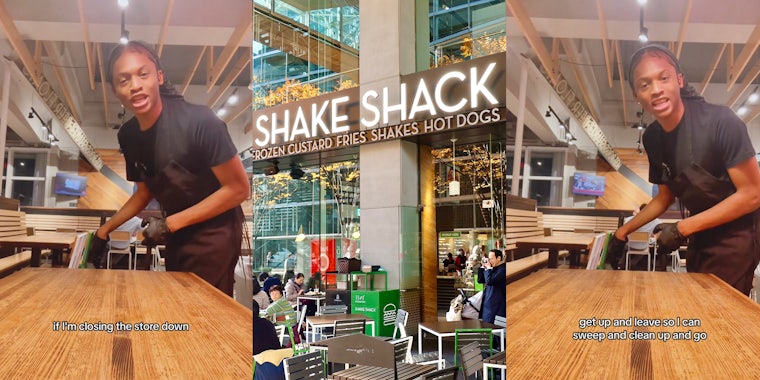 Shake Shack worker talks trash about customers who sit down to eat after they've closed. The customers are right behind him