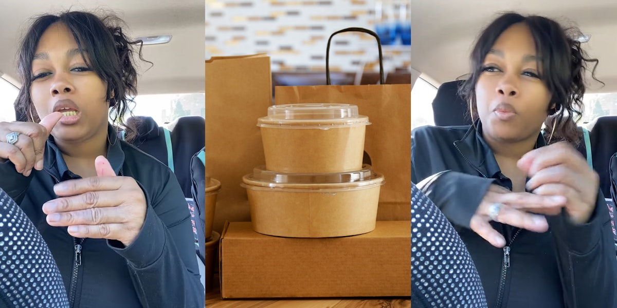 Bunch of blank disposable containers for takeout food stacked with paper bags and boxes
