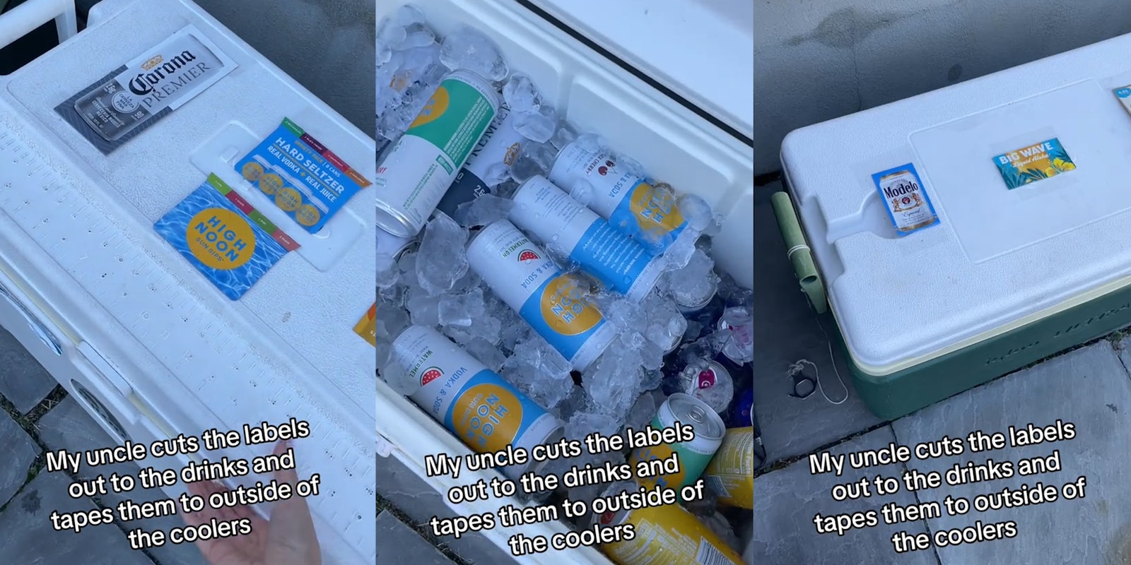 Coolers that are labeled with the type of drink from the outside