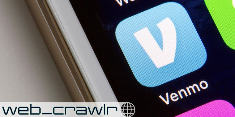 Venmo mobile app icon is seen on a smartphone. The Daily Dot newsletter web_crawlr logo is in the bottom left corner.