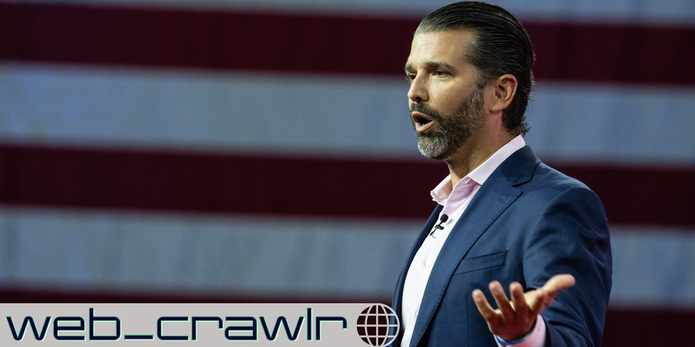 Donald Trump Jr. with his mouth open on a red and white background. The Daily Dot newsletter web_crawlr image is in the bottom left corner.