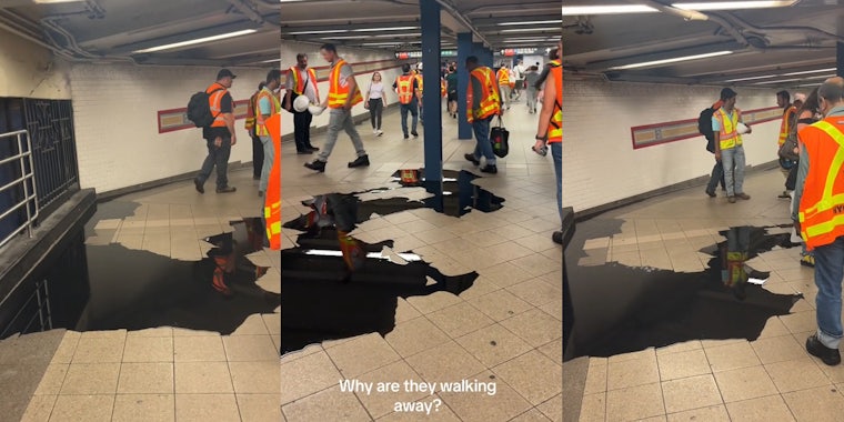 Workers are confused about a black puddle at a subway station