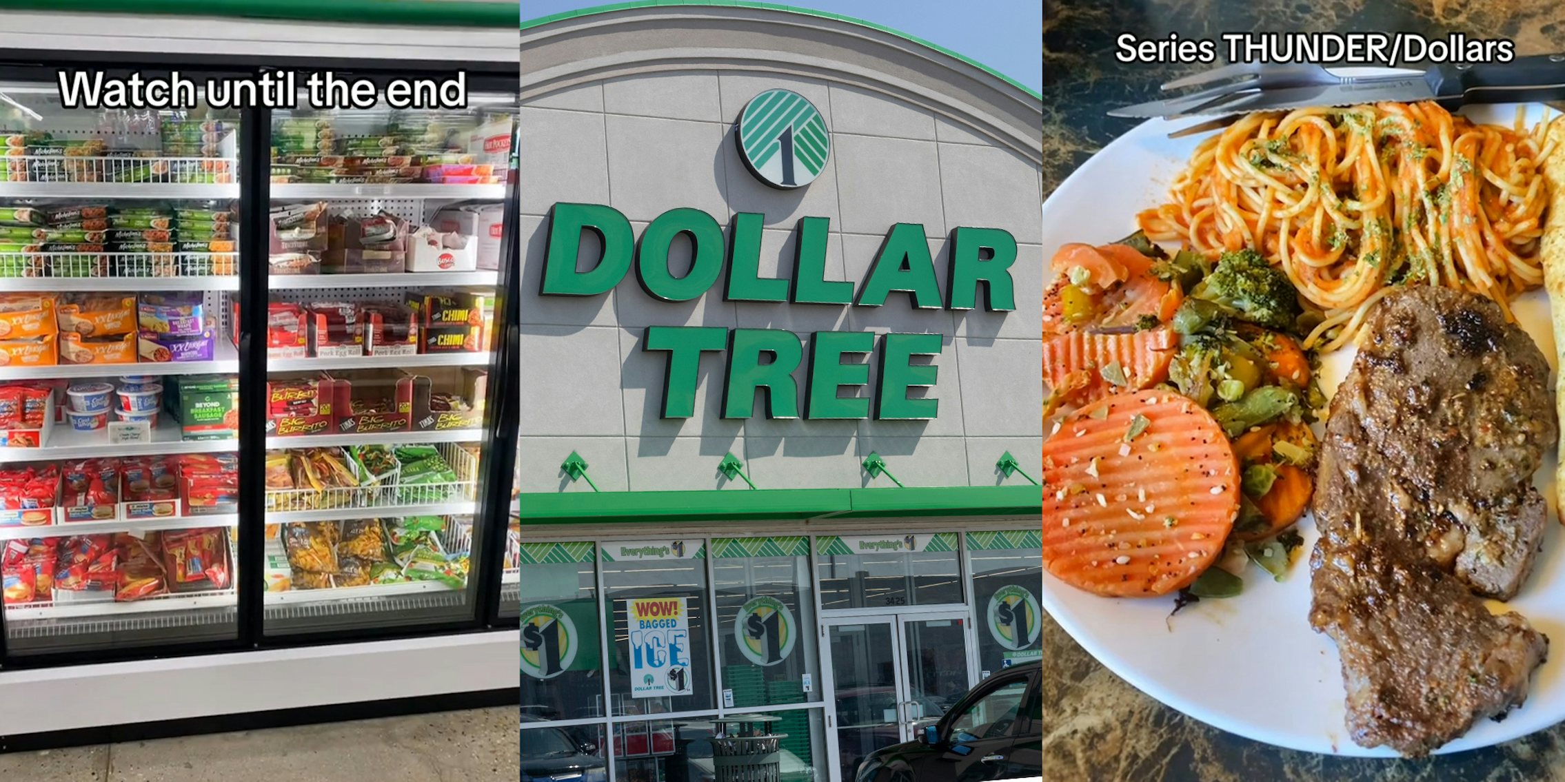 Front view of store refrigerator filled with groceries; Dollar Tree Store Front; man makes a steak dinner with only items from Dollar Tree