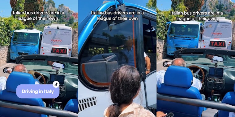 Italian bus drivers squeeze past each other on extremely narrow street