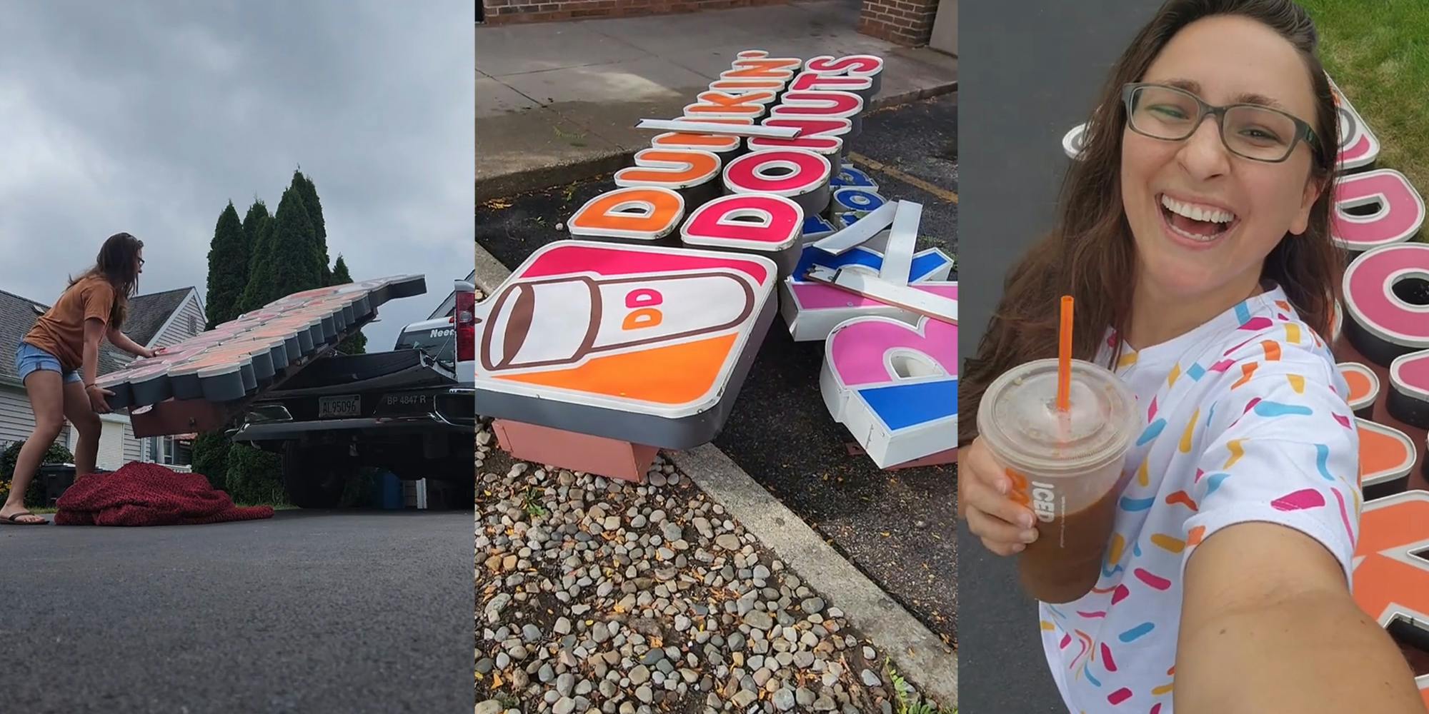 Customer discovers discarded 10-foot Dunkin' Donuts sign. They let her take it home