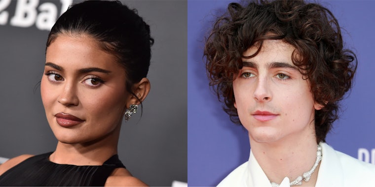 Kylie Jenner in front of grey background (l) Timothée Chalamet in front of purple background (r)