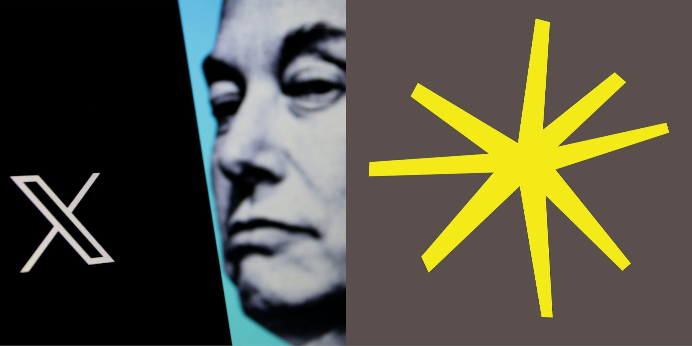 Elon Musk face with X app on black background (l) Freedom Forum logo on grey background (r)