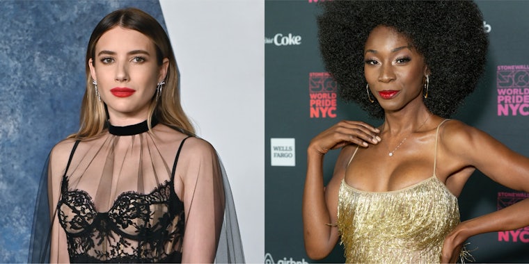 Emma Roberts in front of light blue background (l) Angelica Ross in front of green background (r)