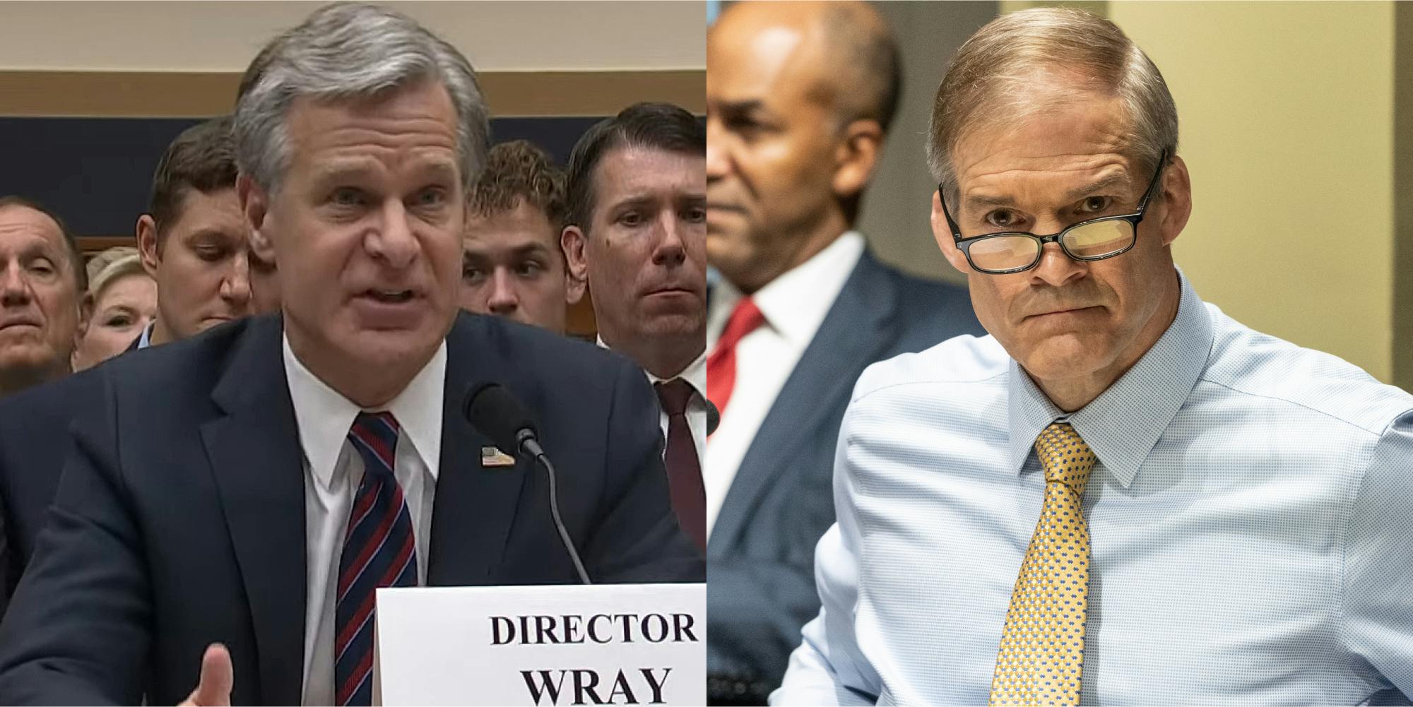 Christopher Wray speaking into microphone in front of crowd (l) Jim Jordan in front of an/gold background (r)