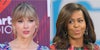 Taylor Swift in front of purple background (l) Michelle Obama in front of blue background (r)