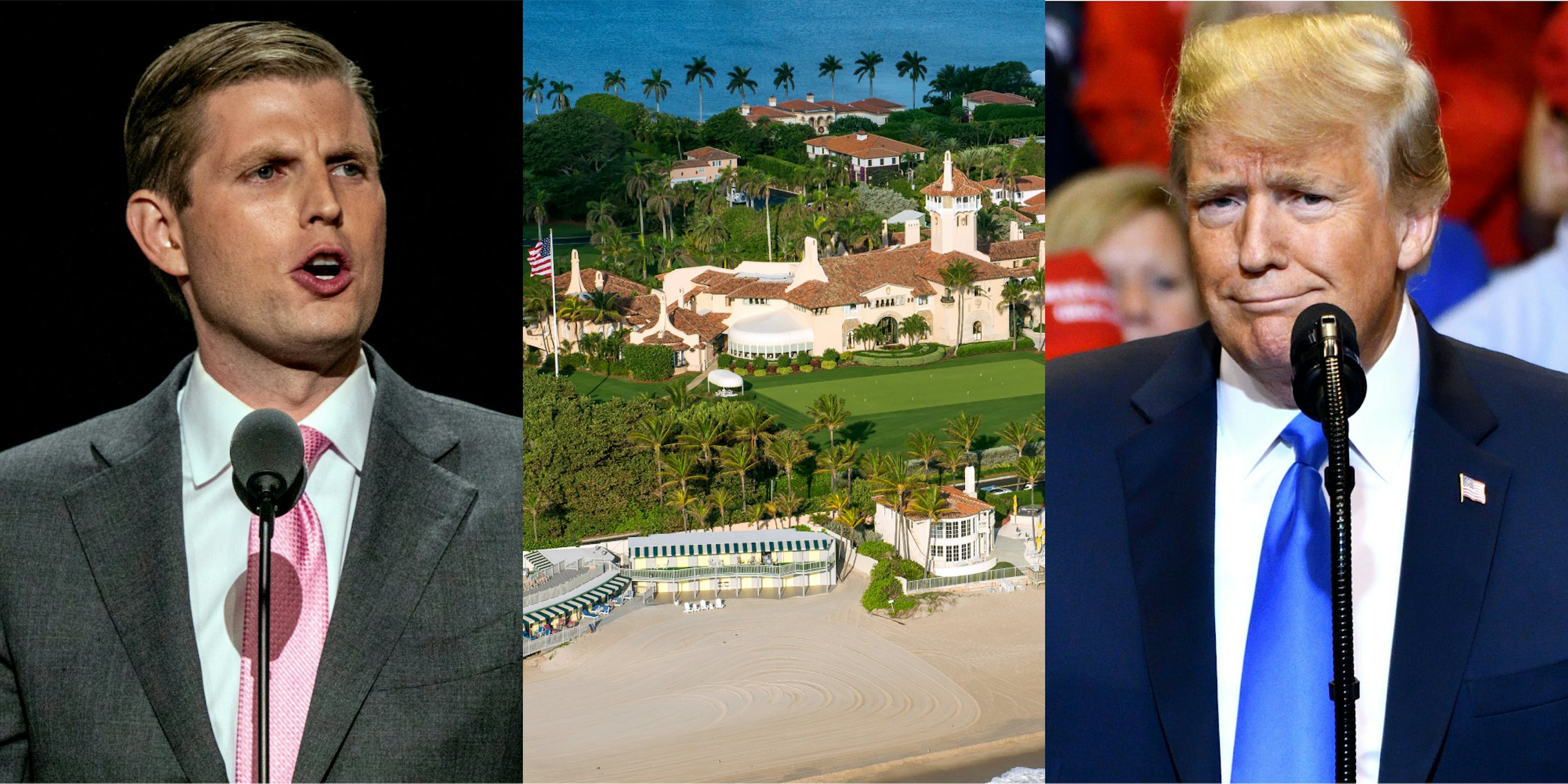 Eric Trump speaking in front of black background (l) Mar-a-Lago resort in Florida (c) Donald Trump with microphone in front of crowd (r)