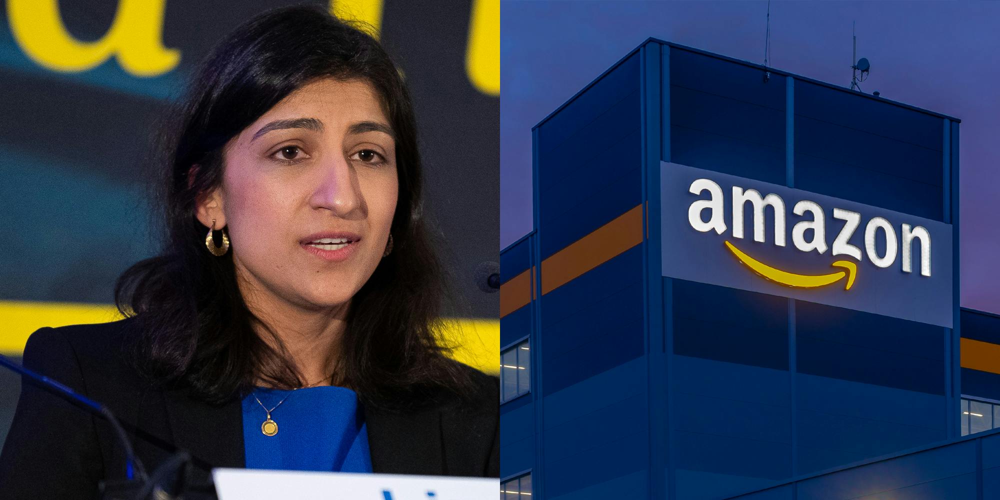 FTC Chair Lina Khan next to a building with an Amazon sign.