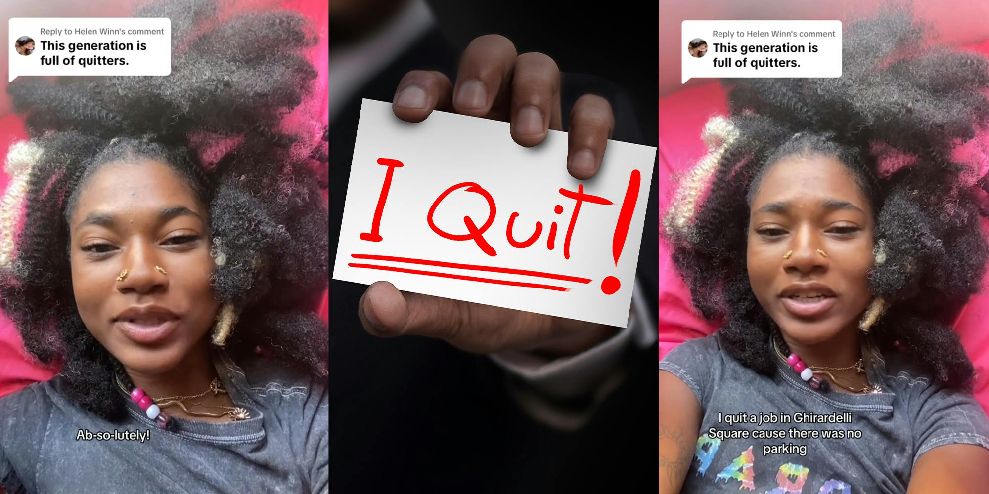 black woman laying down in bed; hand holding sign saying "I quit!"