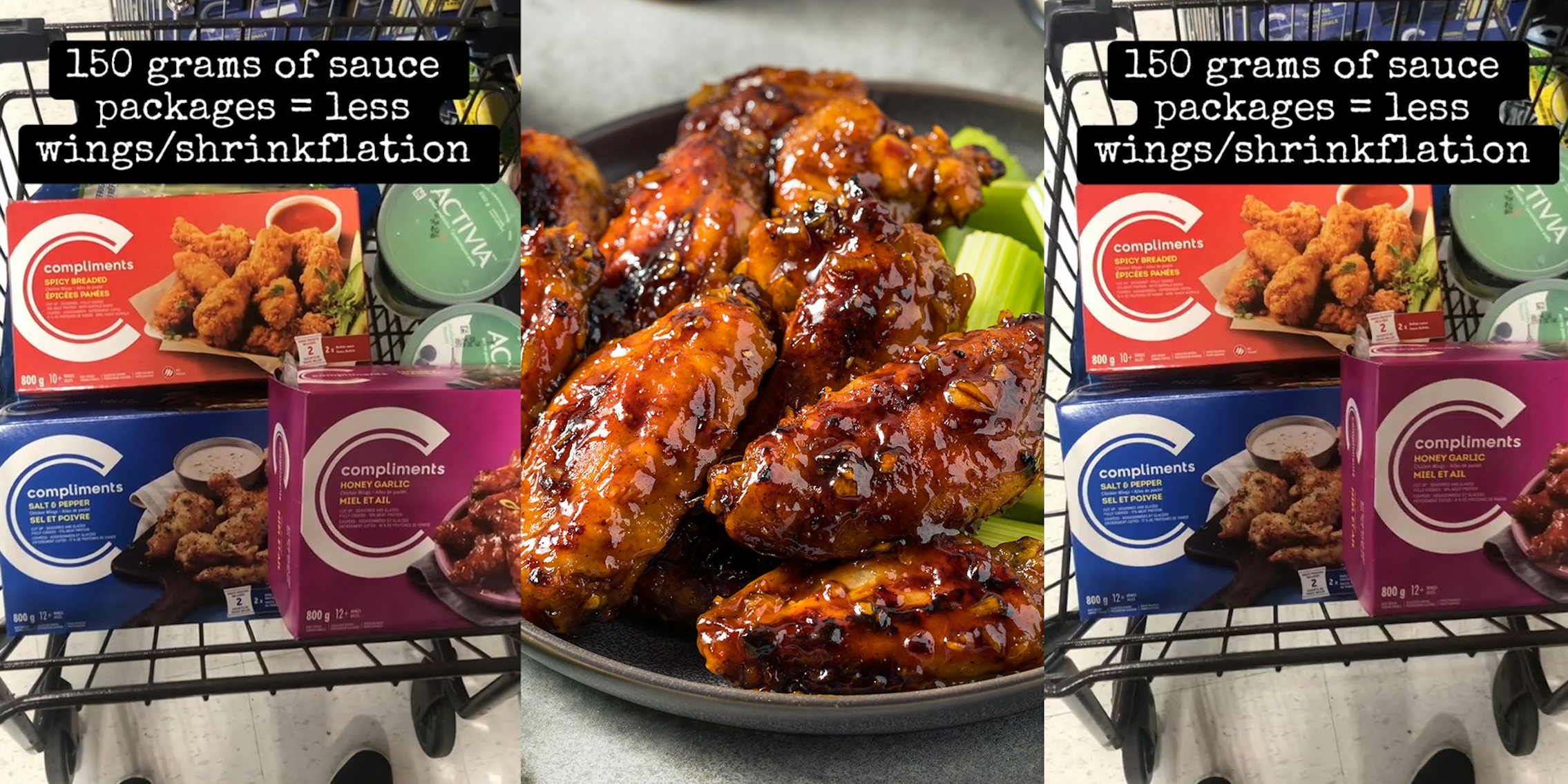 Sobey's Compliments Wings in shopping cart at store; Honey Garlic Wings on plate