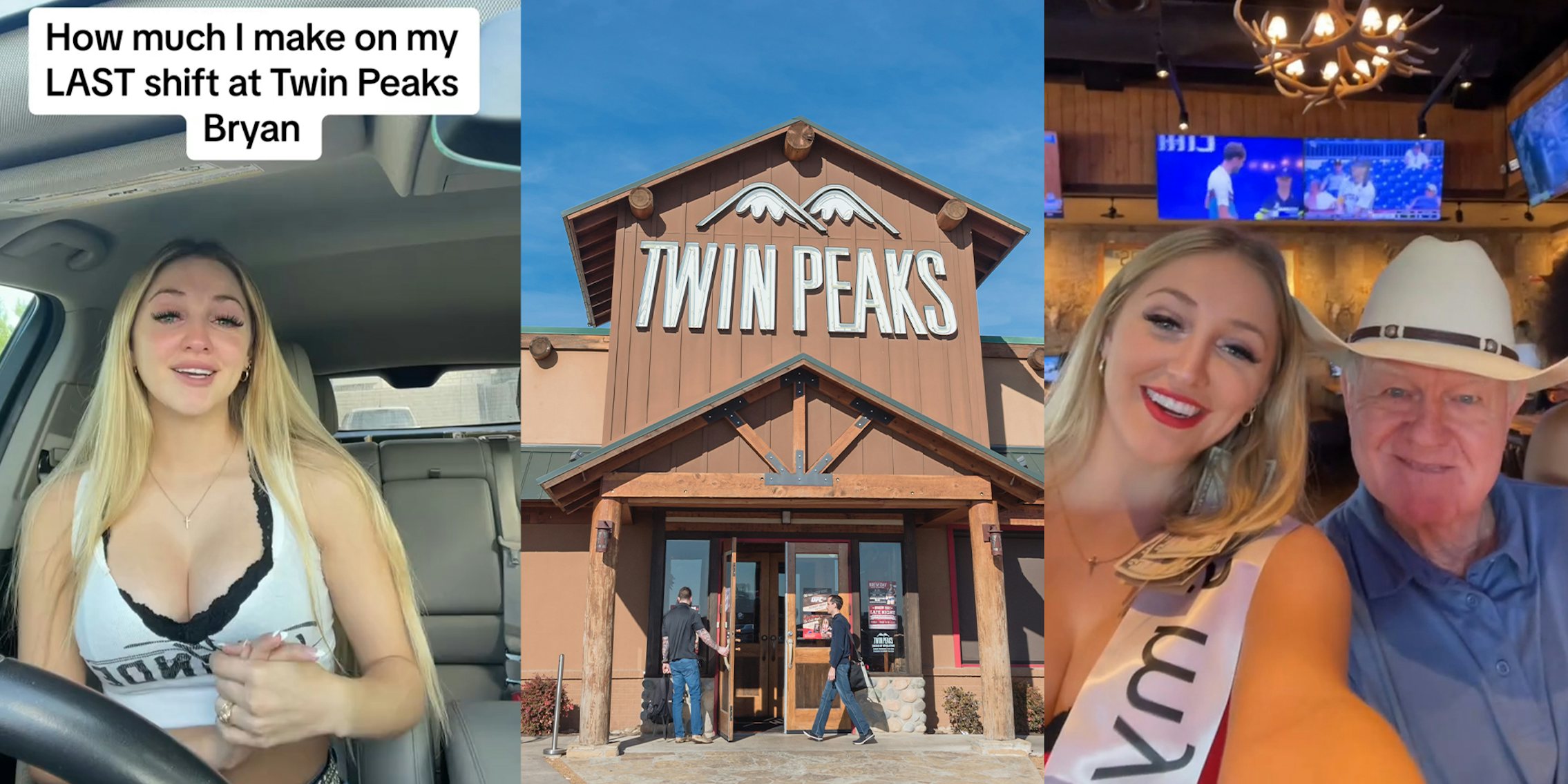 Twin Peaks server inside of her car; Twin Peaks Restaurant Front; Twin Peaks Server with Older Man In restaurant