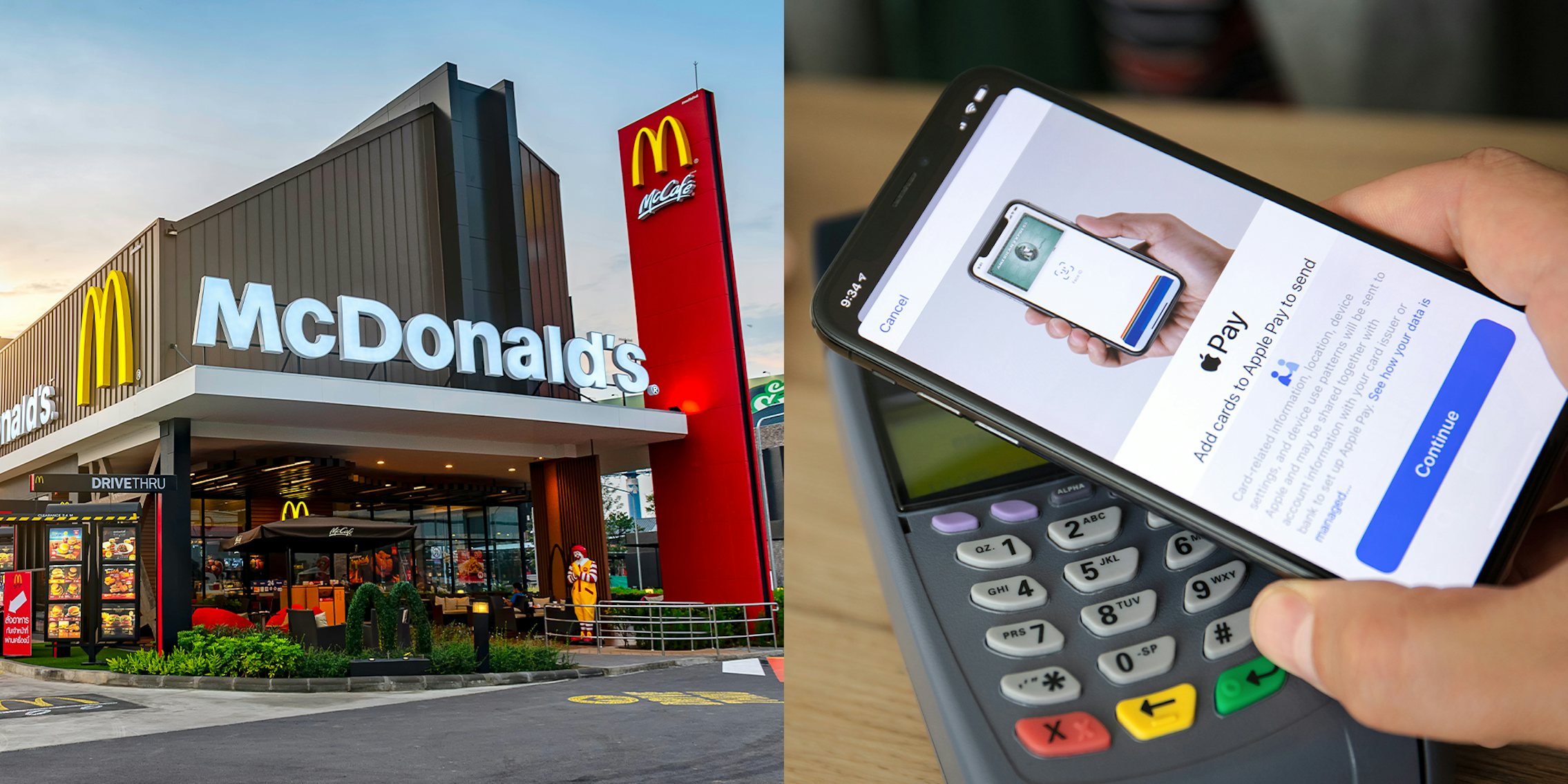 Front view of McDonald's Restaurant; person using apple pay