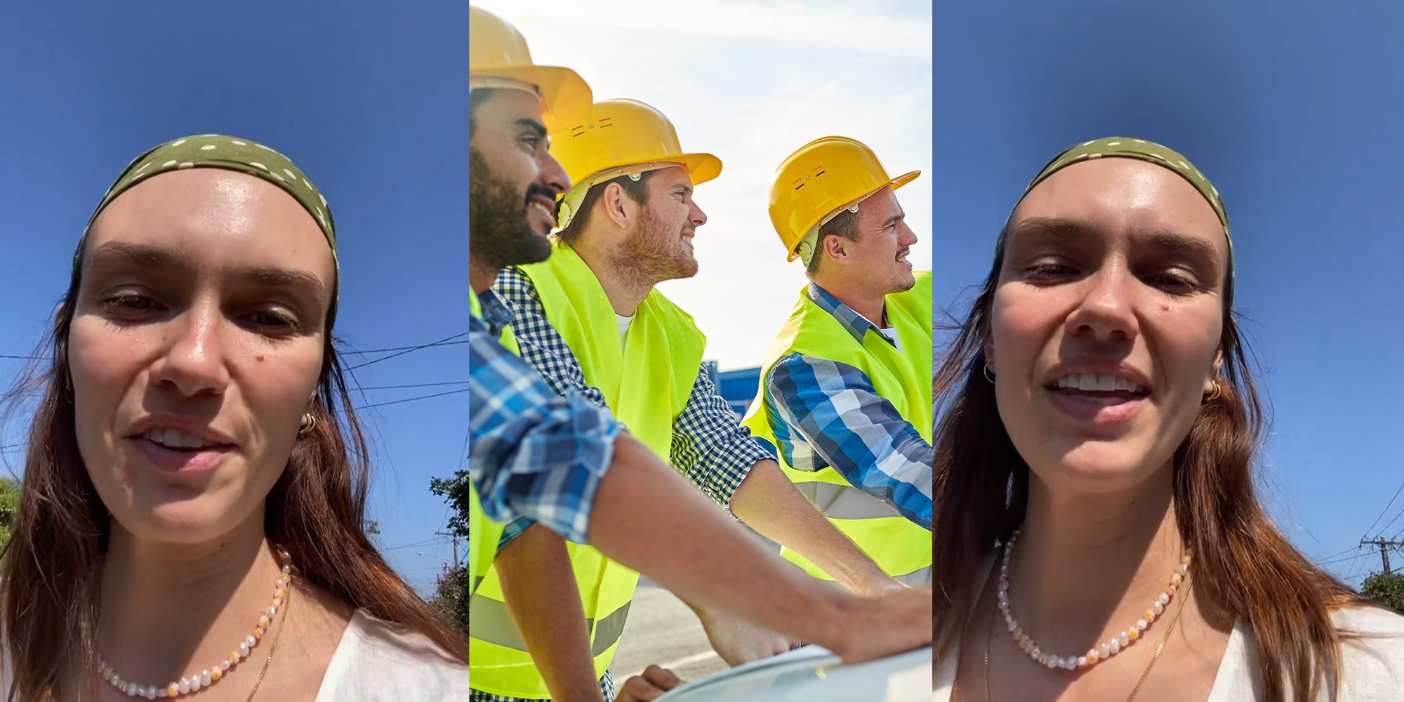 Two screenshots of a person talking to the camera. In the middle is a group of construction workers. 