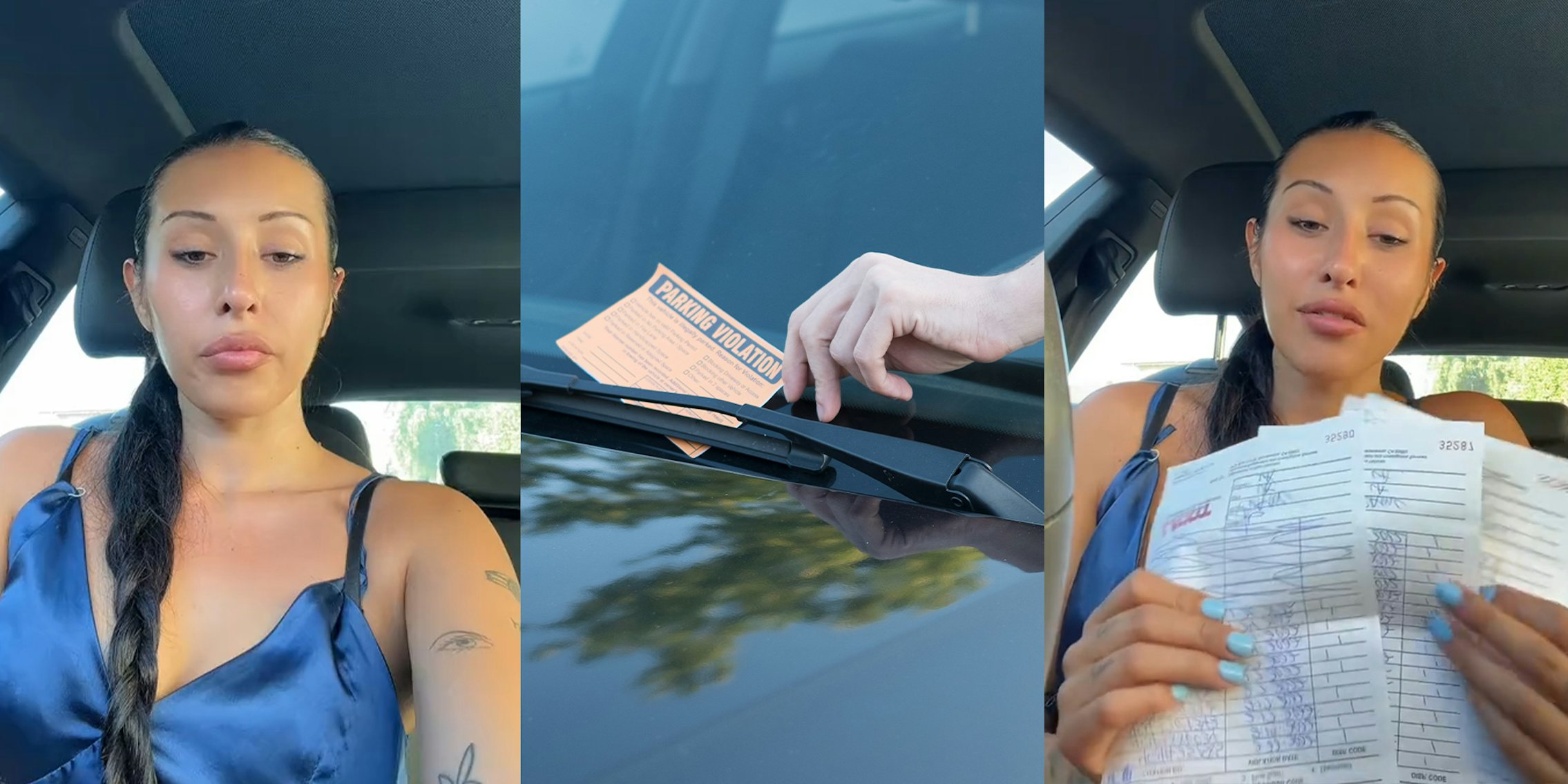 Woman holding up parking tickets she has recieved;Ticket fine because of parking violation on the windshield