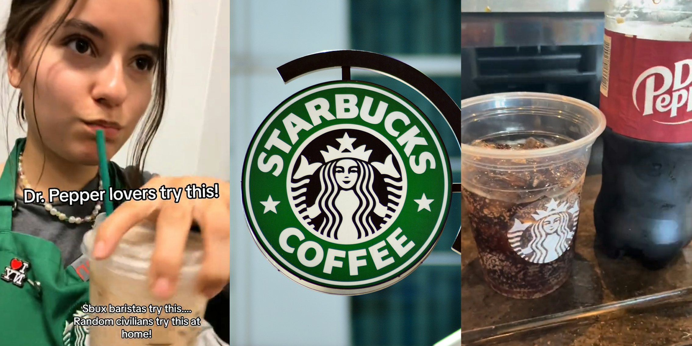Starbucks barista makes Dr. pepper shaken espresso drink, Starbucks logo sign