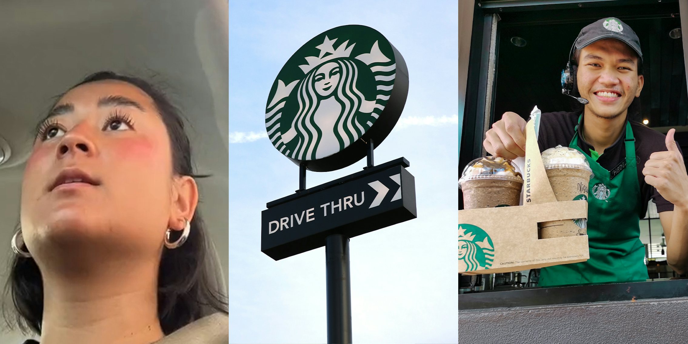 Starbucks customer tries starting pay-it-forward chain; Starbucks Drive Thru Sign; Starbucks worker giving thumbs up at drive thru.