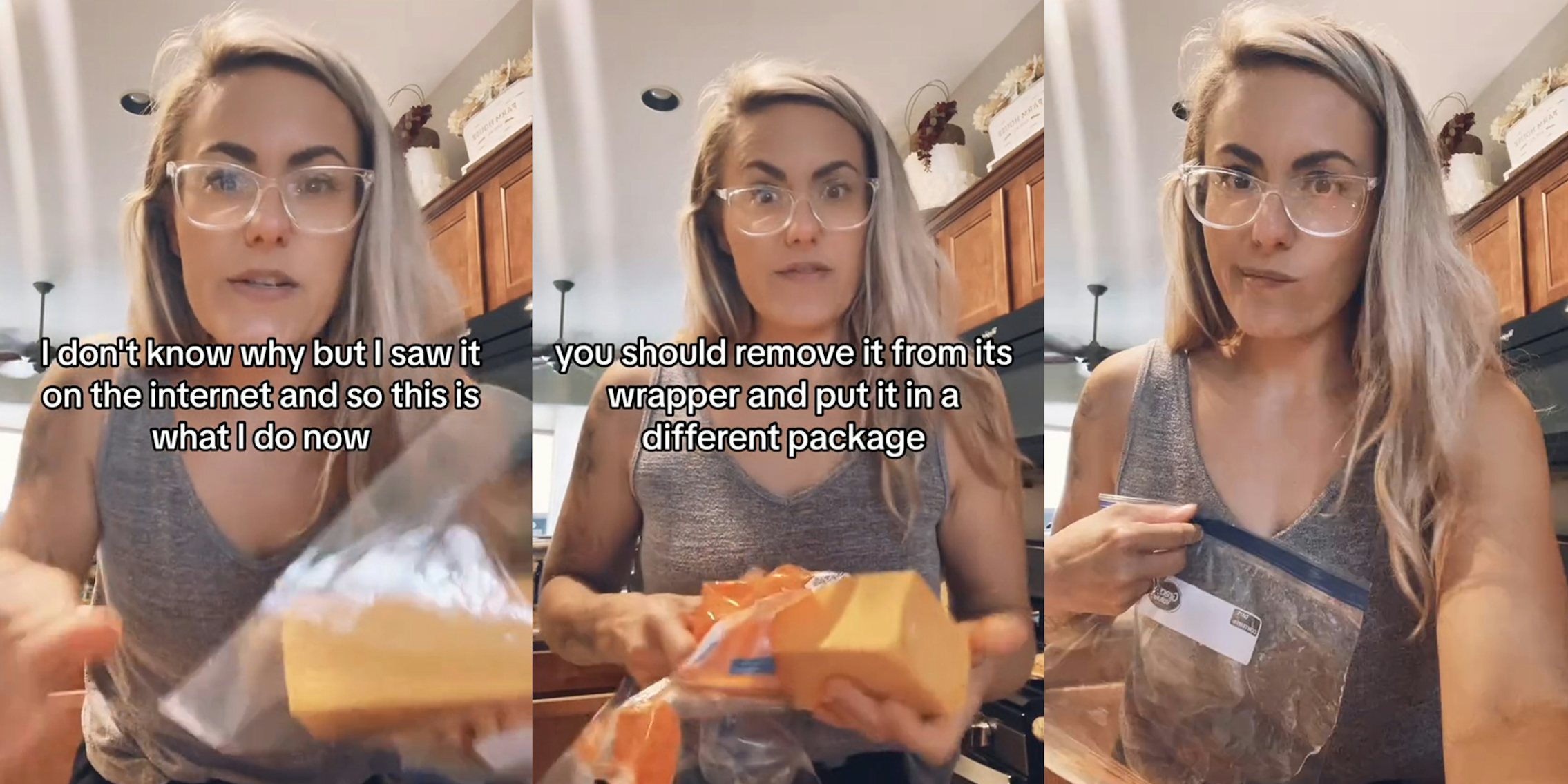 Customer puts block of cheese into Ziploc once she opens it
