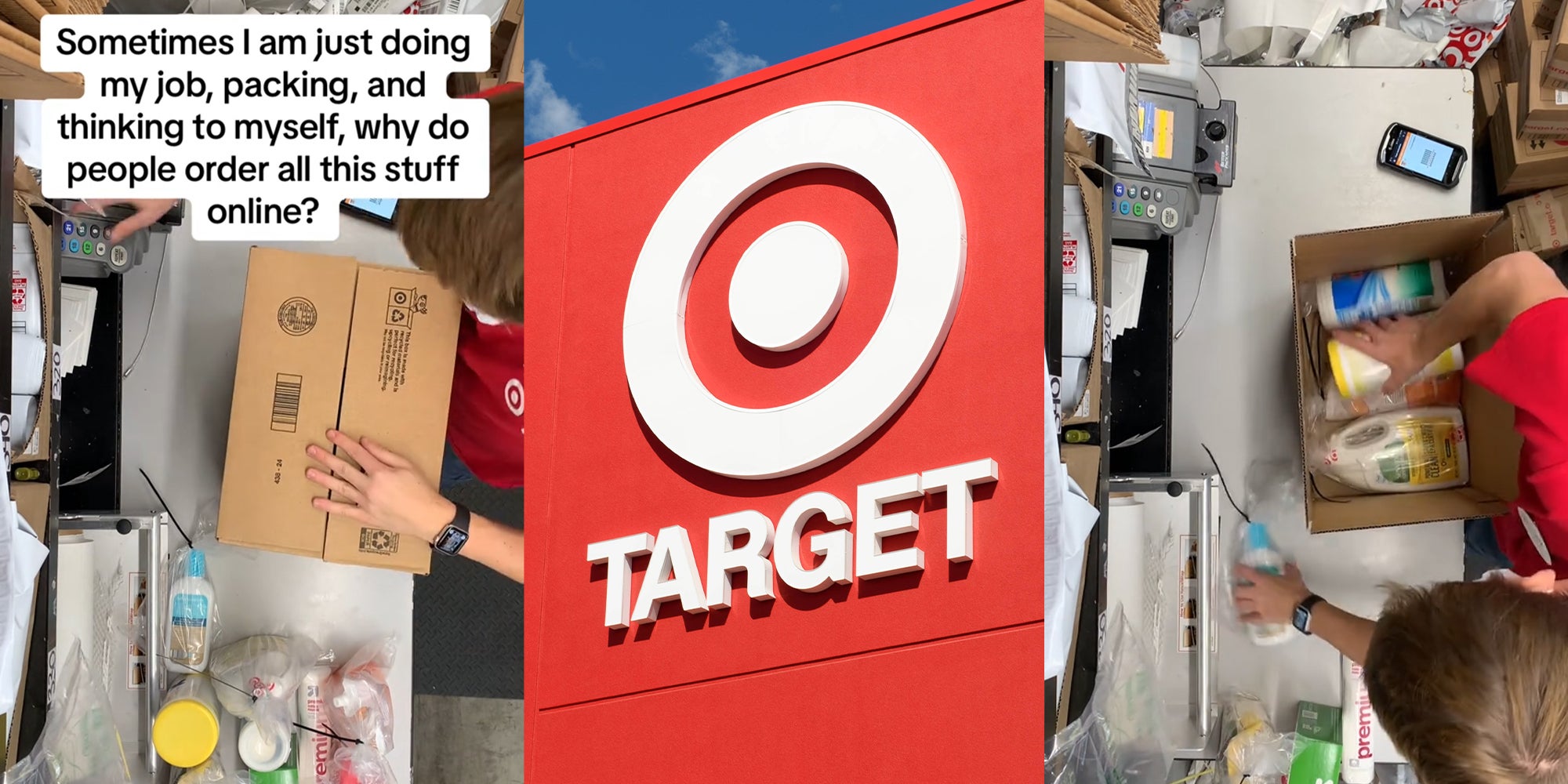 Top view of Target worker packing boxes ; Target Store Front Logo