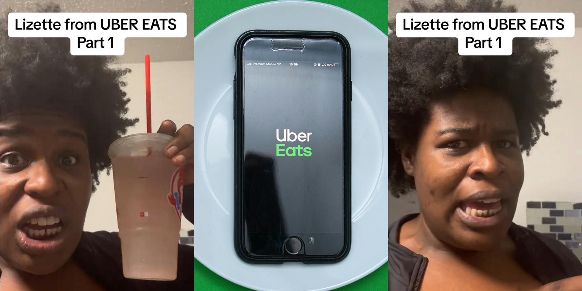Uber Eats customer with Wendy's strawberry lemonade in hand with caption "Lizette from UBER EATS Part 1" (l) Uber Eats logo on phone screen on white plate over green background (c) Uber Eats customer speaking with caption "Lizette from UBER EATS Part 1" (r)