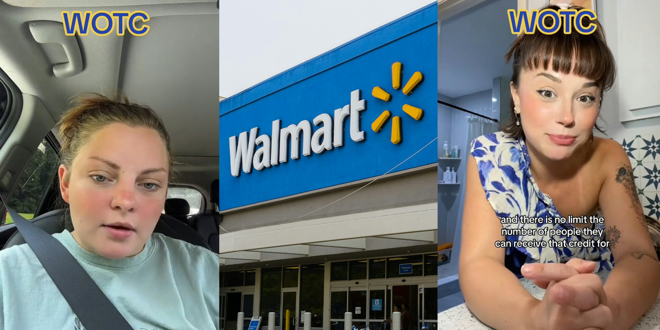 Woman inside of car talking about wotc; Walmart store front