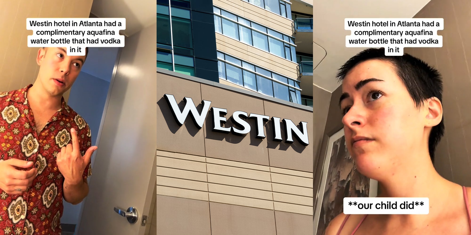 Hotel guest drinks out of complimentary water bottle in hotel room. It’s filled with vodka