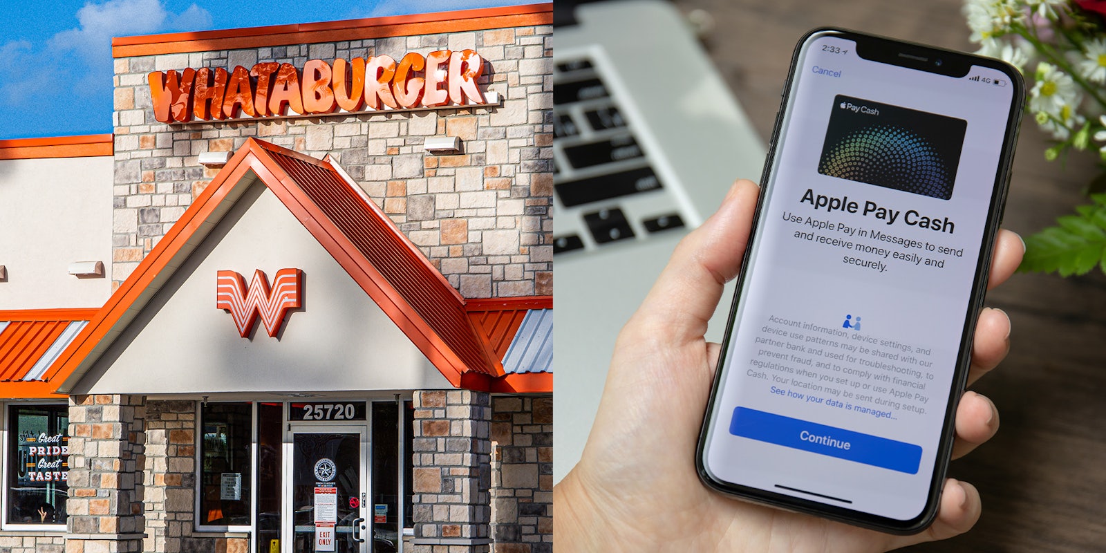 Whataburger Restaurant; Person holding iPhone with Apple Pay